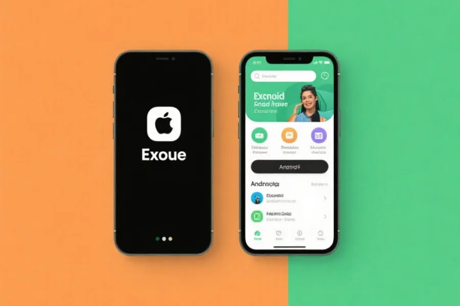 两部手机分别展示欧陆app在iOS和Android平台的界面特点，视觉对比明显